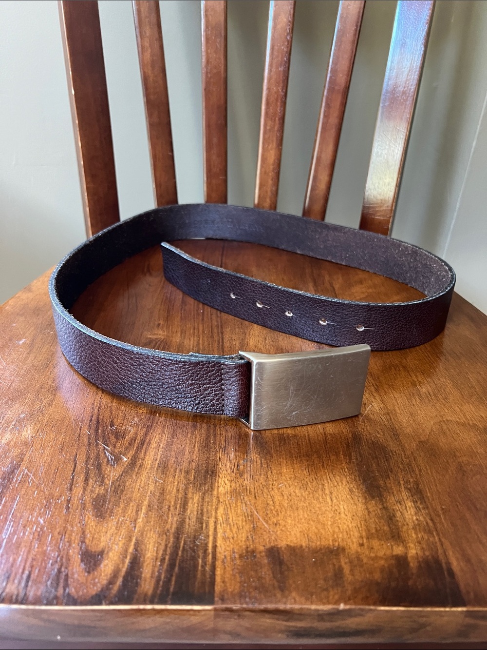 Men's Dark Brown Leather Belt with Brushed Silver Buckle